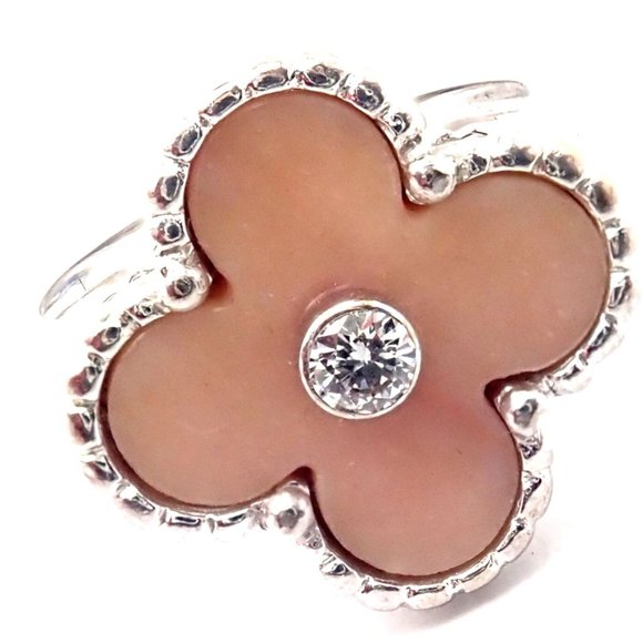 Authentic! Van Cleef & Arpels Alhambra 18k White Gold Pink Opal Diamond Ring - Picture 2 of 9